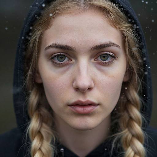Close-up photograph of a young woman with fair skin, blue eyes, and blonde braided hair, wearing a black hooded jacket, against a snowy