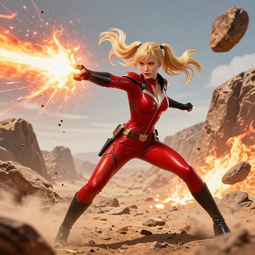 Digital artwork of a blonde woman in a red, form-fitting suit, firing a glowing, fiery energy blast in a rocky desert.