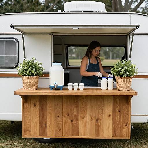 Photograph of a woman with dark hair in denim overalls, standing behind a wooden camper trailer kitchen, preparing drinks with milk jugs and cups.