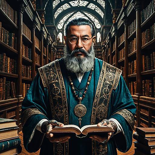 Ancient Scholar in Ornate Robe in Library