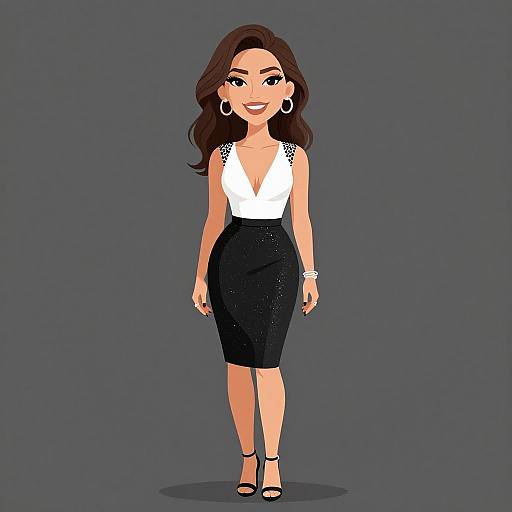 Digital illustration of a smiling woman with long brown hair, wearing a white deep V-neck top, black high-waisted pencil skirt, black heels,