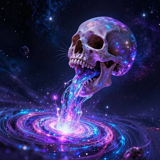 Digital artwork of a glowing, cosmic skull with a swirling, neon blue and purple ring of water and light beneath it.