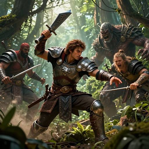 Digital fantasy artwork: Muscular warrior with tousled brown hair, raised sword, and armor leads fight against two fierce, wild-haired forest creatures in sun