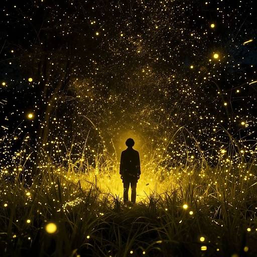 Silhouetted person stands in a field of glowing fireflies, surrounded by bright yellow sparks, under a dark night sky. Photographic image.