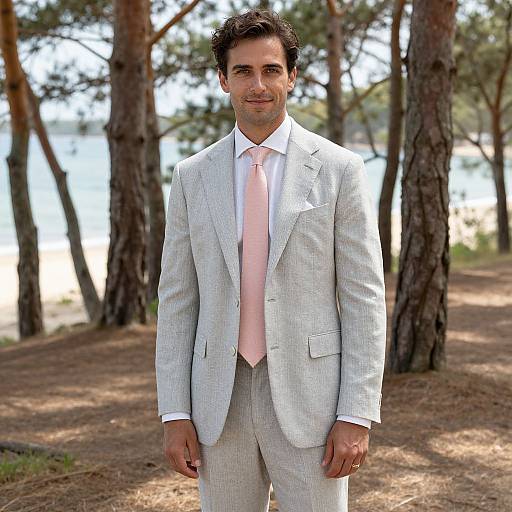 Photograph of a man with short dark hair, light gray suit, pink tie, white shirt, standing in a pine forest near a lake.