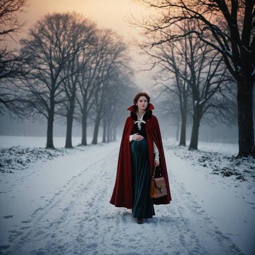 Regency Lady in Crimson Cape Walking in Snow
