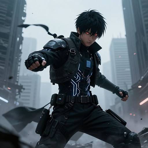 CGI cyberpunk image of a black-haired, red-eyed male warrior in tactical gear, punching forward in a dystopian, ruined cityscape.