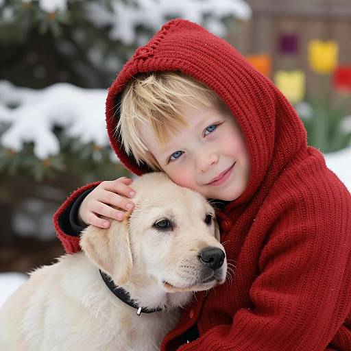 Joyful Child and Puppy in Winter