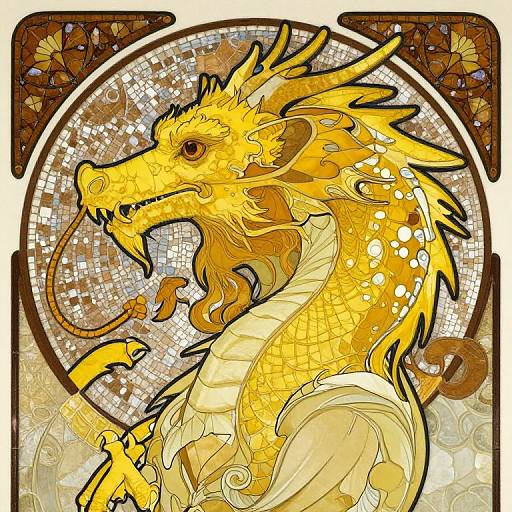 Digital illustration of a golden dragon with intricate scales, spiky mane, and curled tail, set against a mosaic-style, circular background.