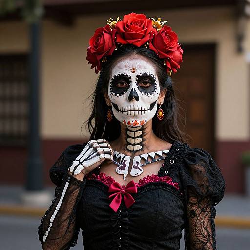 Day of the Dead-themed photograph of a woman with white-painted skull face, red roses in hair, black lace dress, skeletal necklace, and red