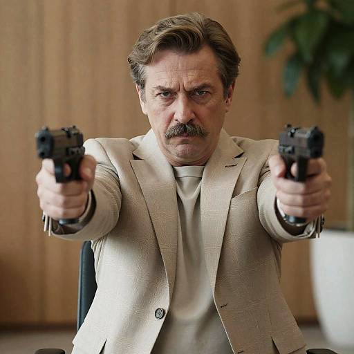 Serious Man with Handguns in Focus