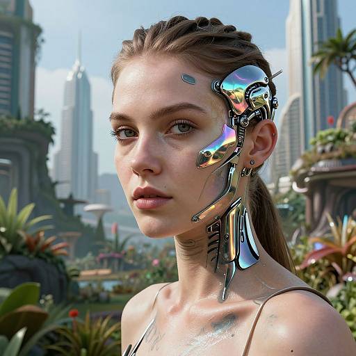Photorealistic CGI of a young woman with metallic, futuristic ear and facial enhancements, standing in a lush, futuristic cityscape.