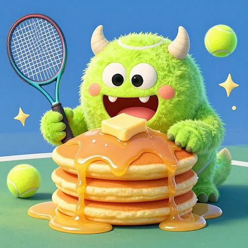 Digital illustration of a green, fluffy, horned monster with a tennis racket, joyfully eating a stack of syrupy pancakes, with tennis balls and