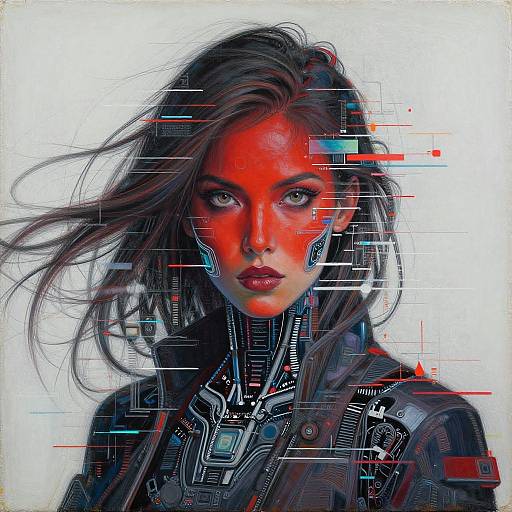 Digital illustration of a striking, red-faced woman with cybernetic enhancements, black leather jacket, and flowing hair, overlaid with glitch effects.