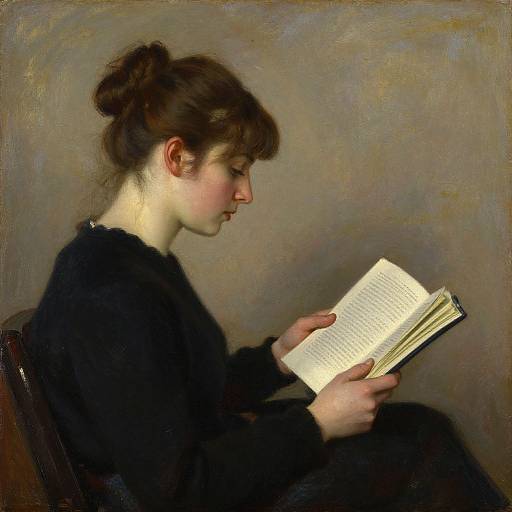 Photorealistic painting of a young woman with pale skin and dark hair in a bun, wearing a black long-sleeve top, intently reading