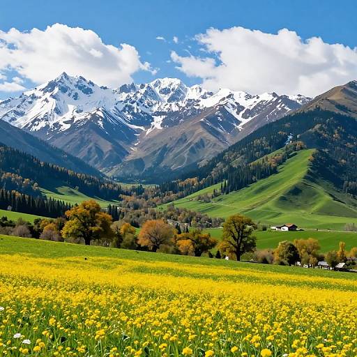 Vibrant photograph of a lush meadow with yellow wildflowers, rolling green hills, scattered trees, and majestic snow-capped mountains under a bright