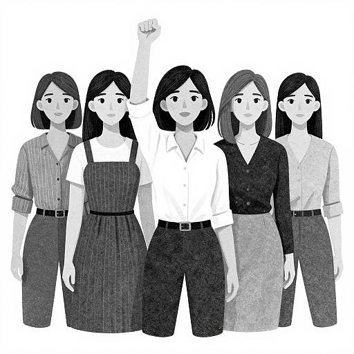 Black-and-white digital illustration of five women with similar features, standing in a row. Central woman raises right arm, wearing white blouse and dark skirt.