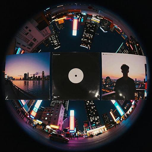 Photograph of a fisheye lens view of a neon-lit cityscape at sunset, with silhouetted figure, circular white object,