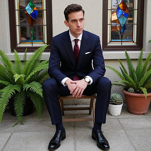 Photograph of a handsome Caucasian man in a black suit, white shirt, and maroon tie, sitting on a bench, flanked by ferns