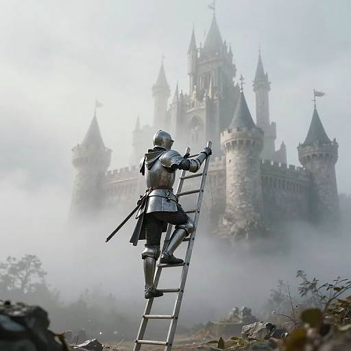 Photograph of a knight in silver armor standing on a ladder, gazing at a misty, medieval castle with tall spires in the background.