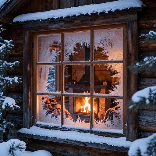 Photograph of a snow-covered wooden cabin window with intricate frost patterns, glowing warmly from a roaring fire inside.