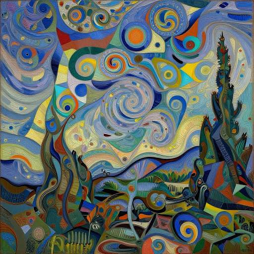 Vibrant, abstract painting with swirling blue, yellow, and red patterns, featuring stylized trees and figures, evoking a dynamic, dreamlike