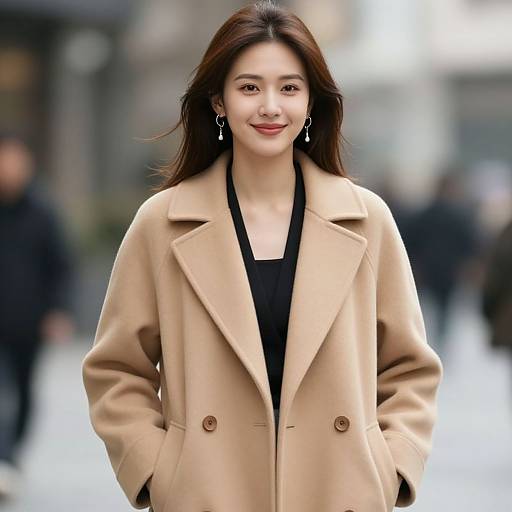 Photograph of a smiling Asian woman with long brown hair, wearing a beige coat over a black top, standing outdoors in a blurred urban setting.