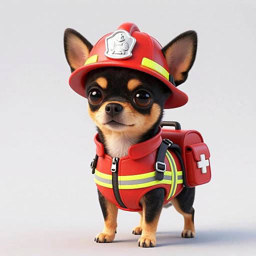 Cute digital illustration of a small black and tan Chihuahua wearing a red firefighter helmet, red vest with yellow stripes, and a red backpack