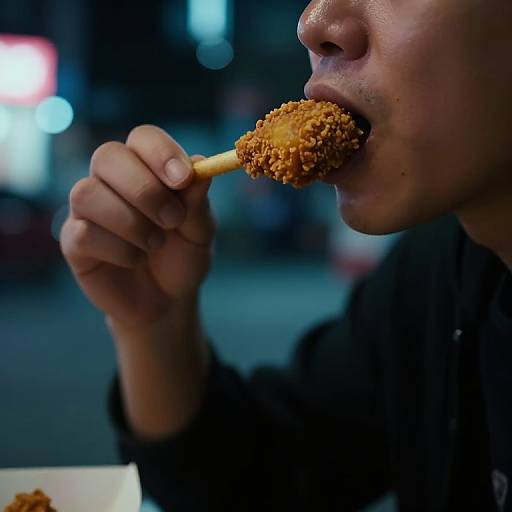 Photograph of a person with light brown skin, dark jacket, and short hair, eating a crumbly, golden-brown fried dough stick at