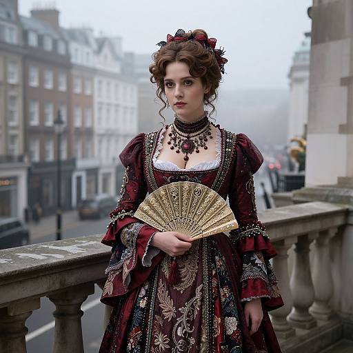 Photograph-style digital art of a Victorian-era woman with curly brown hair, wearing an ornate burgundy dress, black choker, and holding a
