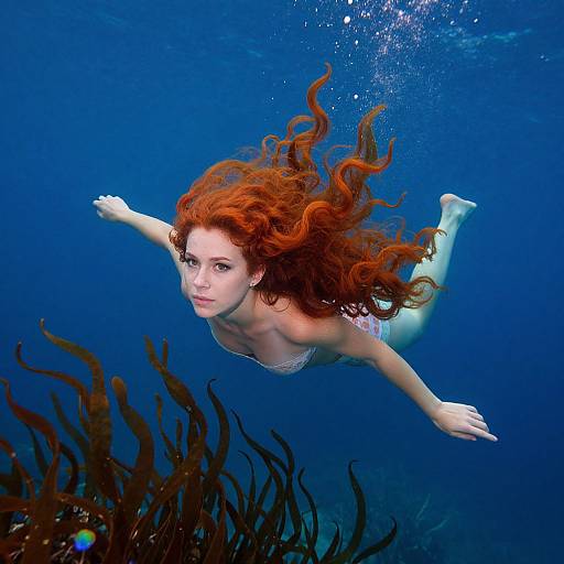 Photograph of a red-haired woman swimming underwater, wearing a white bikini, with long wavy hair flowing, surrounded by dark brown kelp in a