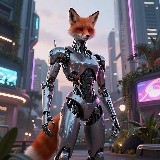 CGI image of a sleek, metallic, anthropomorphic fox robot with a red-orange fur face standing in a neon-lit, futuristic city street.