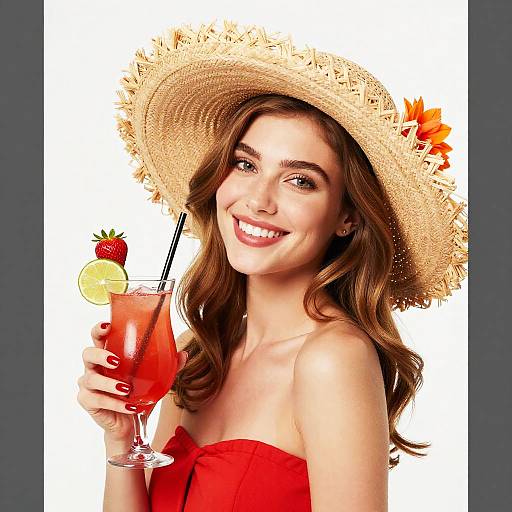 Photograph of a smiling brunette woman with wavy hair, wearing a straw hat with autumn leaves, and a red strapless dress, holding a red