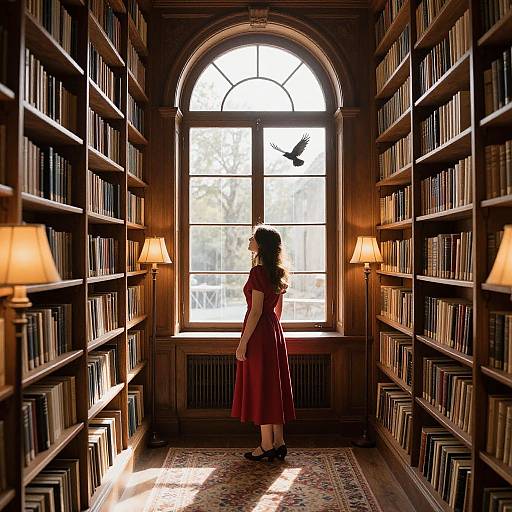 Photograph of a woman in a red dress, standing in a sunlit library with tall bookshelves, large arched window, and bird outside