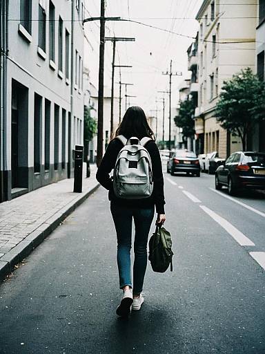 Woman Walking Home with Backpack