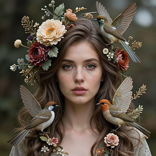 Intricate Floral and Bird Portrait