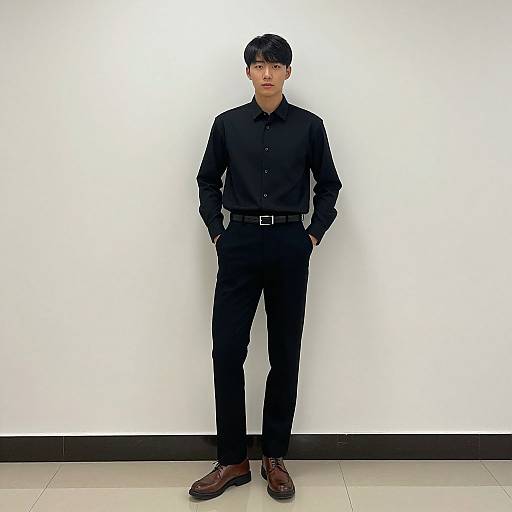Photograph of an Asian man with short black hair, wearing a black button-up shirt, black pants, black belt, and brown shoes, standing against