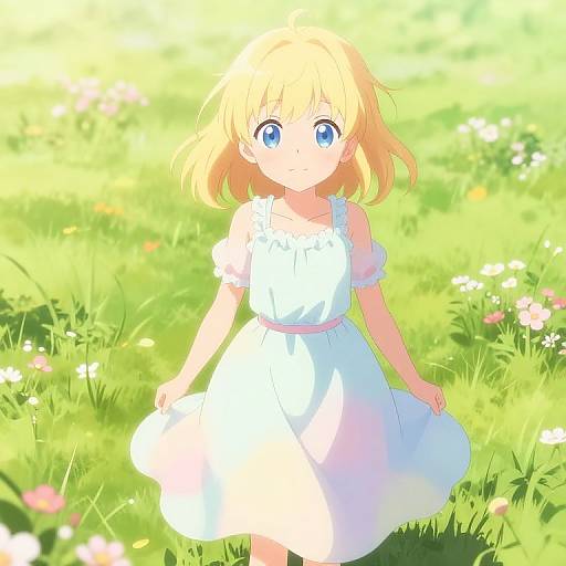 Anime-style digital illustration of a blonde girl with blue eyes, wearing a white dress, standing in a sunny, colorful meadow.