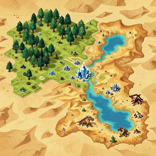 Digital fantasy map: lush green forest with trees, blue ice crystals, and bright blue rivers on a sandy, desert-like background.
