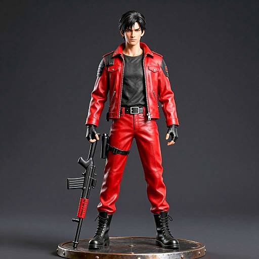Action Figure in Red Leather Outfit with Rifle