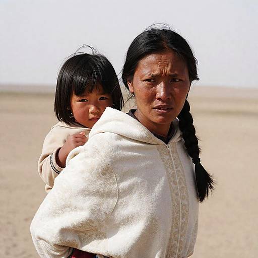 Tense Woman Carrying Child in Barren Landscape