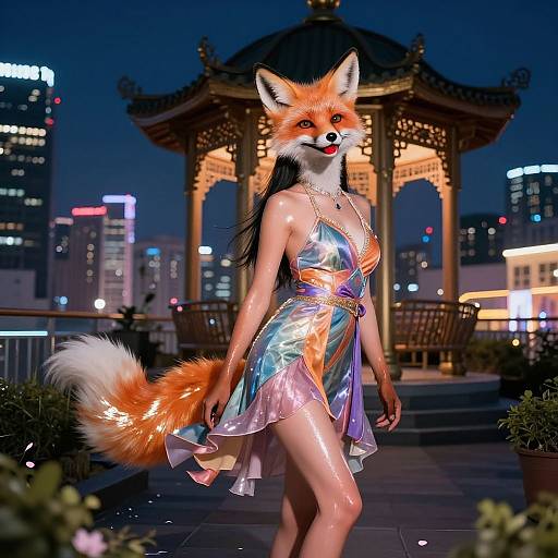 Digital artwork of an anthropomorphic fox woman with orange fur and white tail, wearing a shiny, blue, and silver dress, standing on a rooftop at