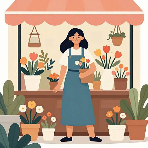 Cartoon-style illustration of a smiling woman with black hair in a blue dress, holding a pot, standing in a flower shop with potted plants and
