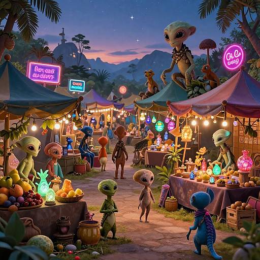Vibrant Alien Marketplace at Twilight