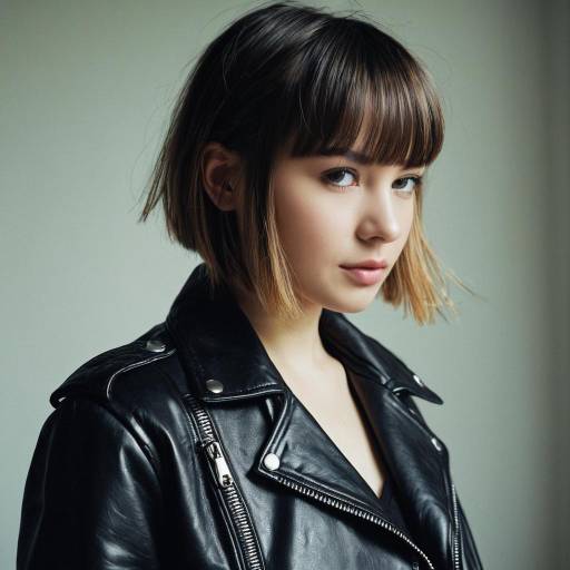 Young Woman with Micro Bangs Wearing Leather Biker Jacket