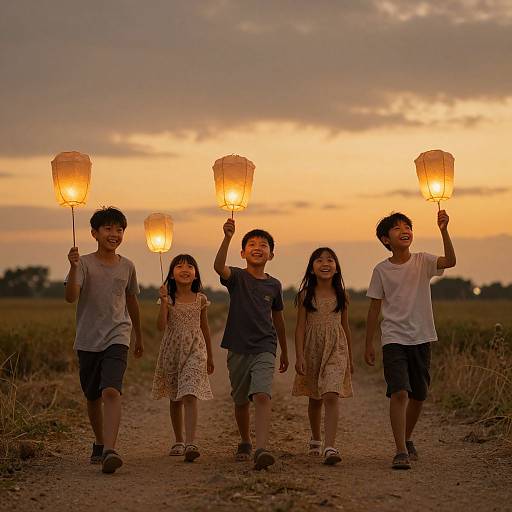 Photograph of four Asian children holding glowing paper lanterns, walking on a dirt path during sunset, smiling brightly at the camera.