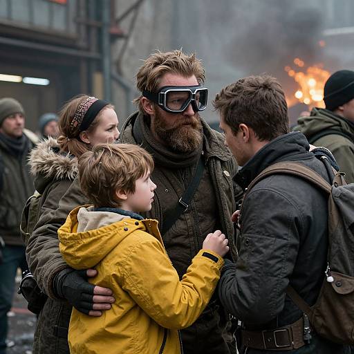 Photograph of bearded man with goggles, hugging child in yellow jacket, standing with another man in dark coat, amid city fire and smoke,