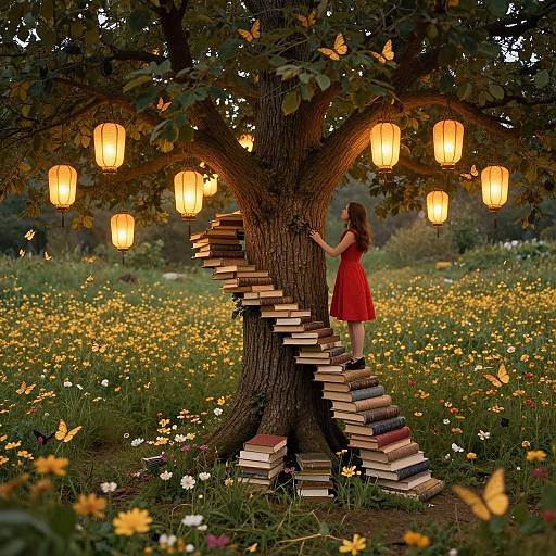 Photograph of a woman in a red dress climbing a tree made of books, surrounded by glowing lanterns, butterflies, and a field of flowers at