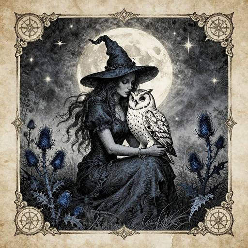 Moonlit Witch Gothic Ink Illustration
