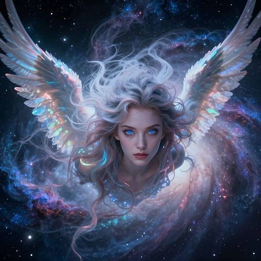 Digital artwork of a ethereal, white-haired angelic woman with glowing blue eyes, large iridescent wings, and a cosmic, starry background